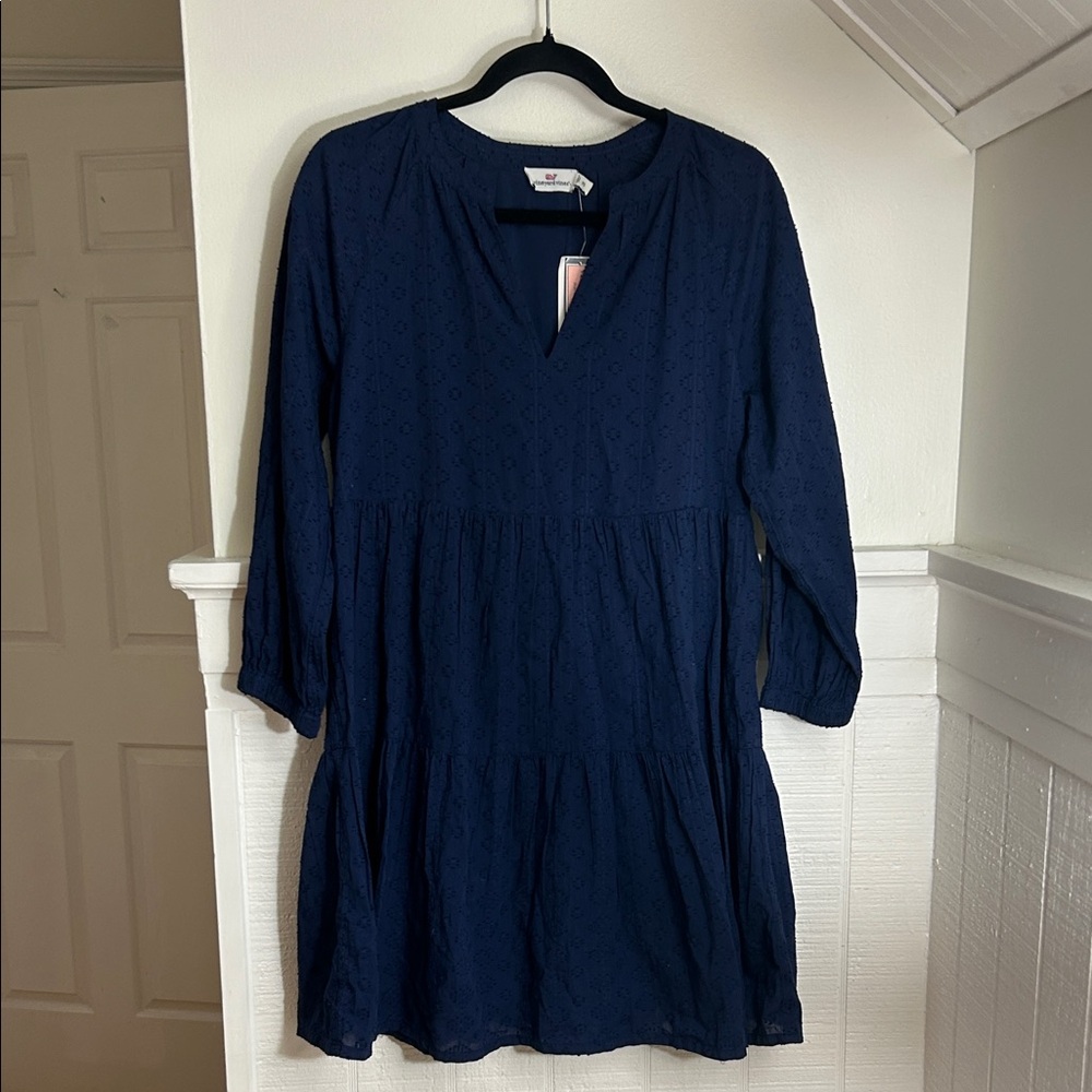 Vineyard Vines NWT Clip Dot Tiered Babydoll Dress in Deep Bay Navy Blue